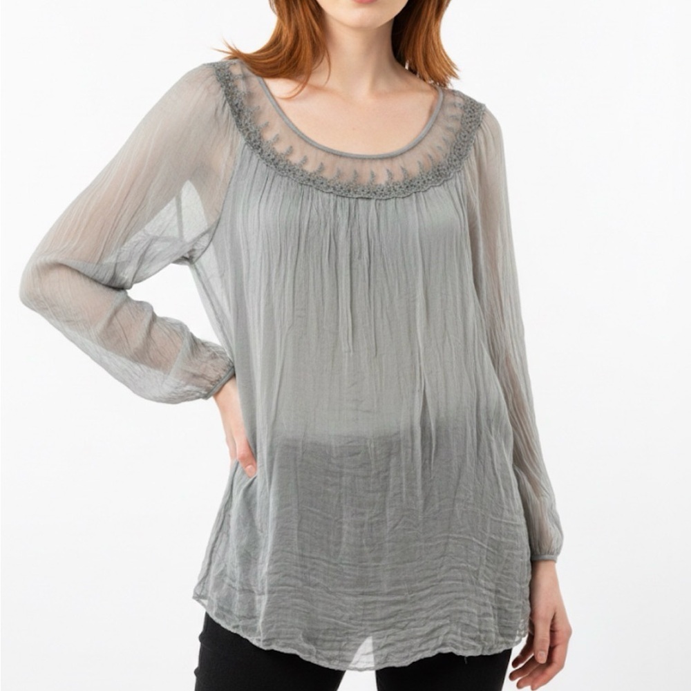 Carla Conte Gray Lace Sheer Silk Made in Italy Open‎ Back Whimsy Goth Blouse L